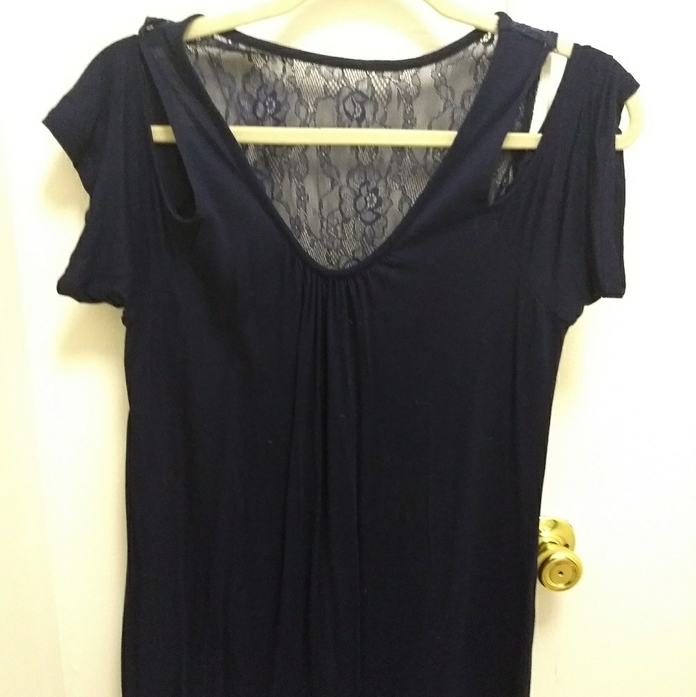 NY&Co Cold Shoulder Navy Blue Top with Lace Back